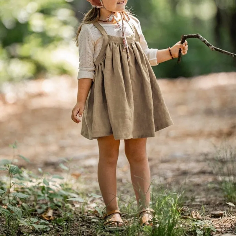 Autumn Princess Linen Puffy Skirt for Girls - Adjustable Straps, Casual and Chic