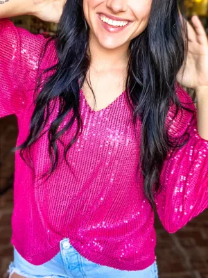Balloon Sleeve Sequin Top-Fuchsia