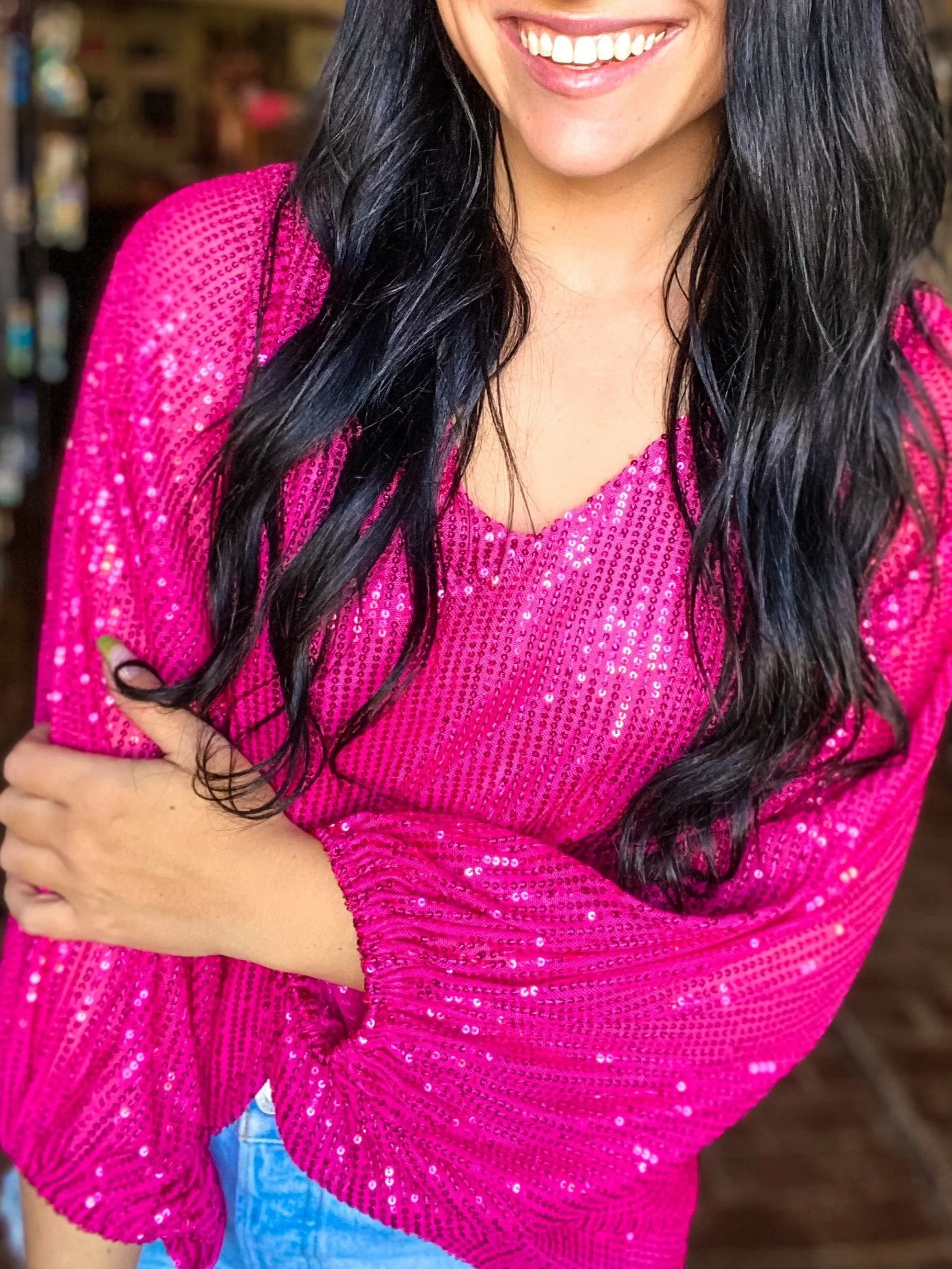 Balloon Sleeve Sequin Top-Fuchsia