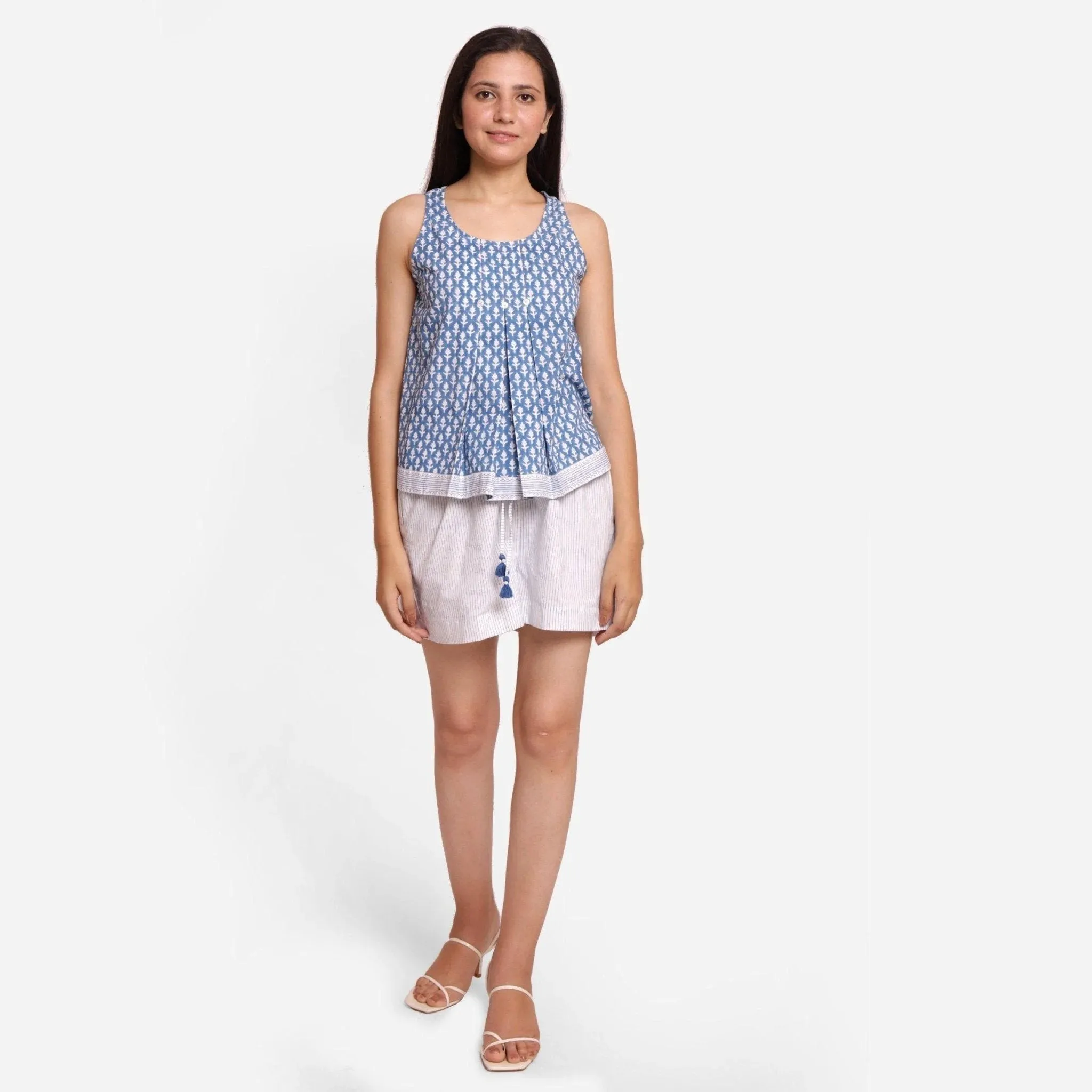 Blue Floral Block Printed Cotton Sleeveless Tank Top
