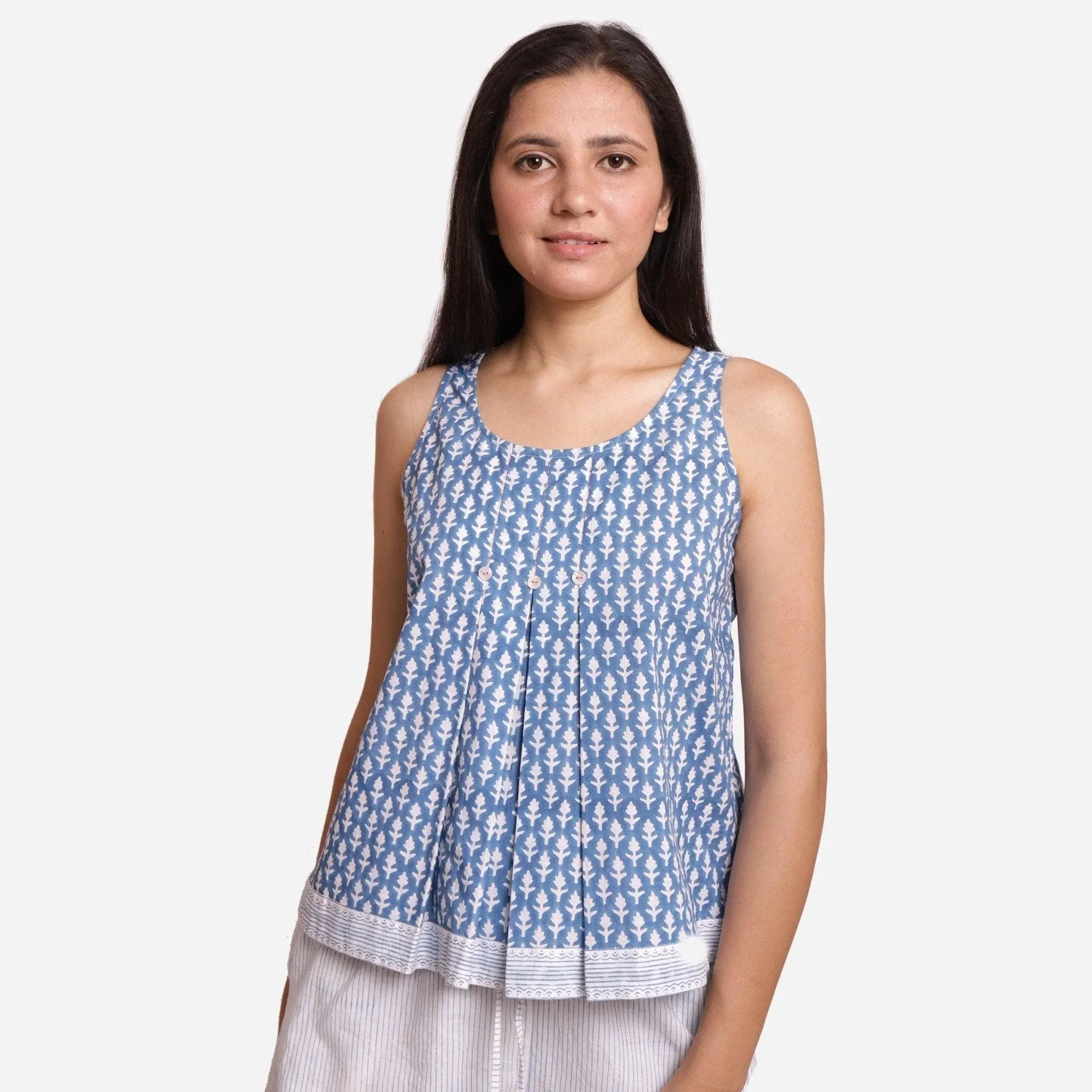 Blue Floral Block Printed Cotton Sleeveless Tank Top