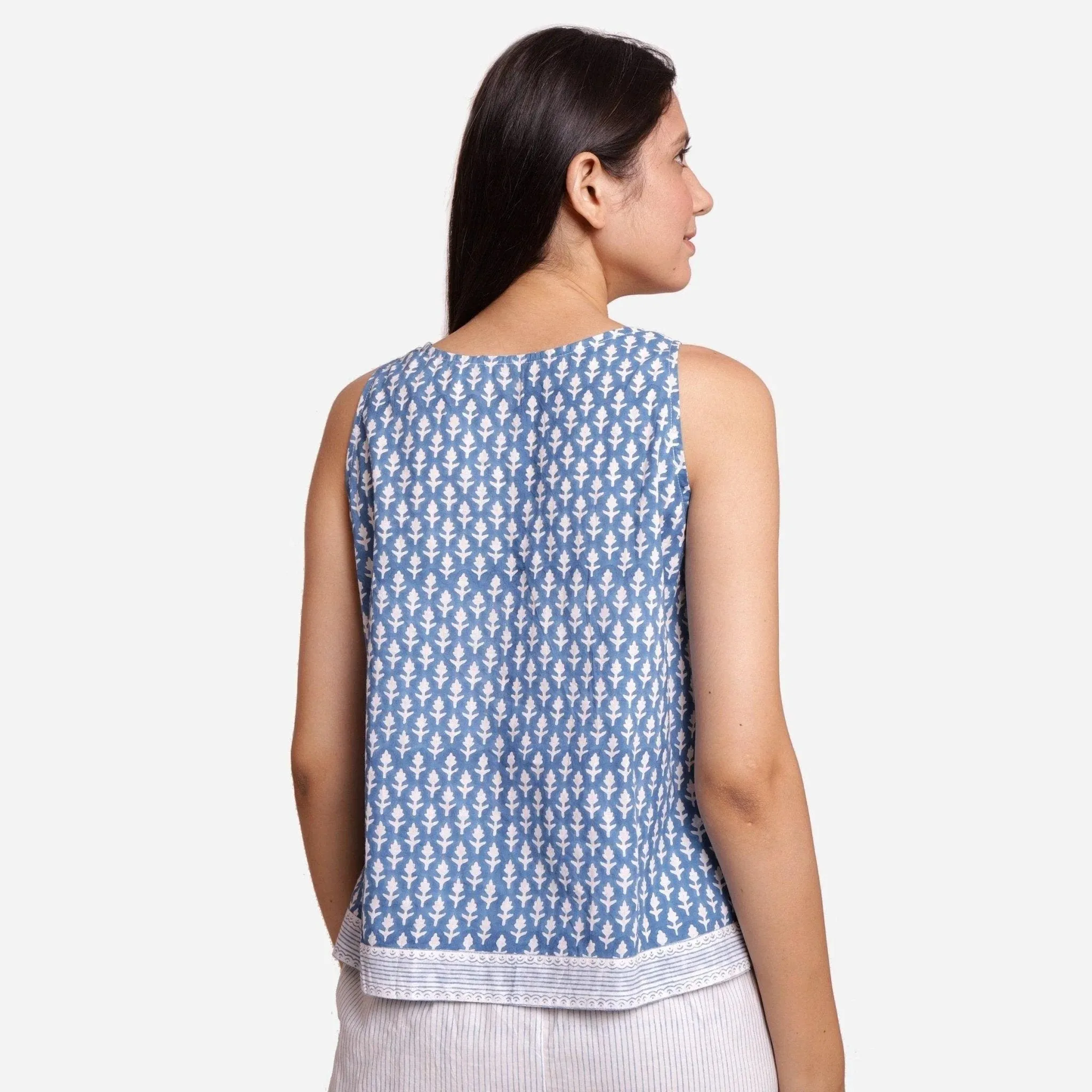 Blue Floral Block Printed Cotton Sleeveless Tank Top