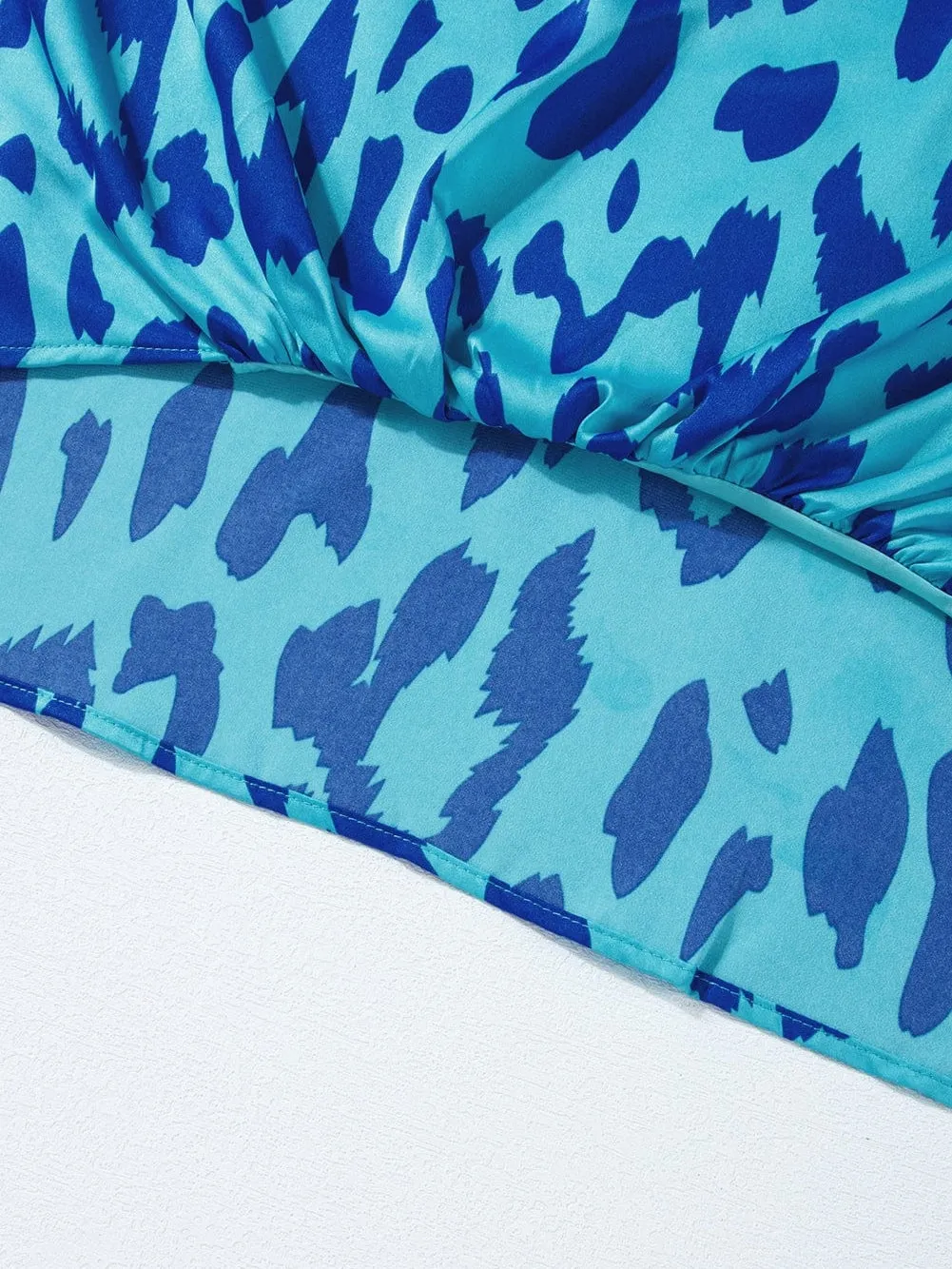 Blue Leopard Mock Neck Satin Blouse