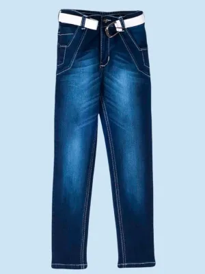 Boys' Dark Wash Denim Jeans with White Belt Accent