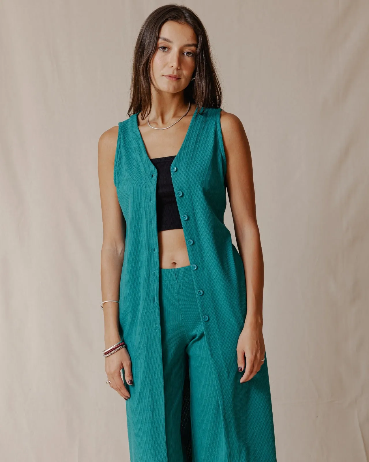 Buttoned Sleeveless Set Teal