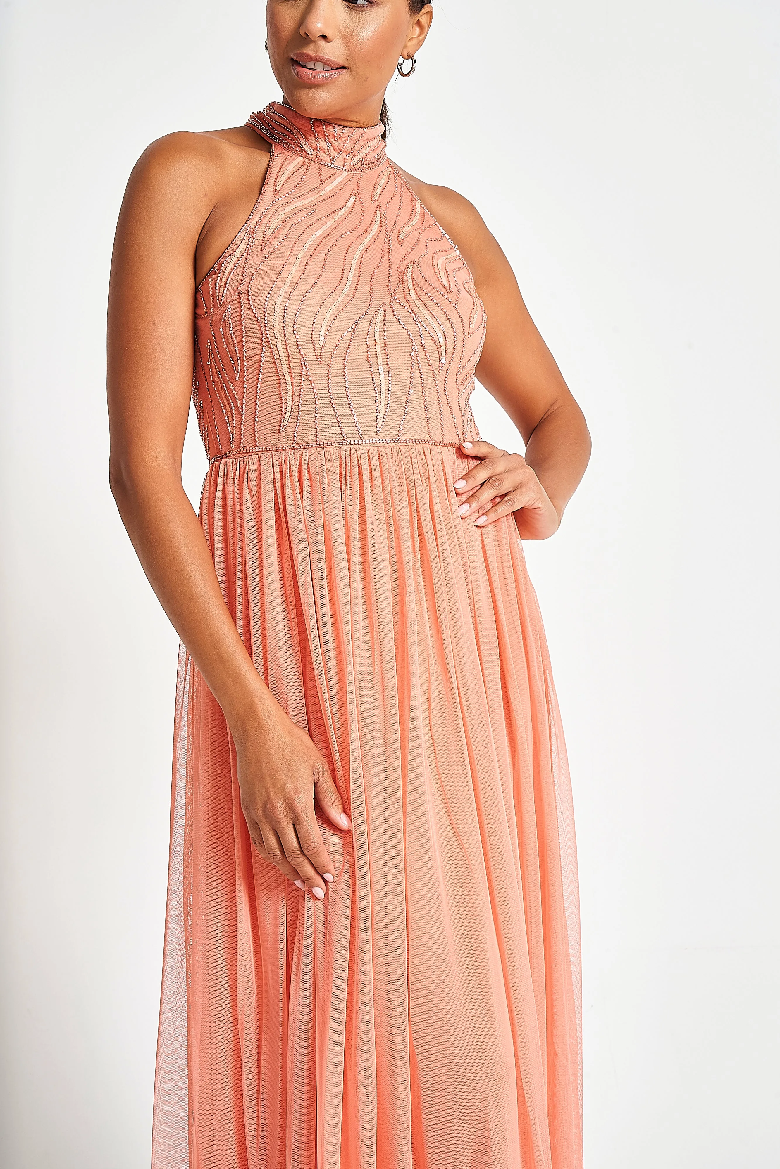 Caroline Coral Embellished Halter Neck Maxi Dress