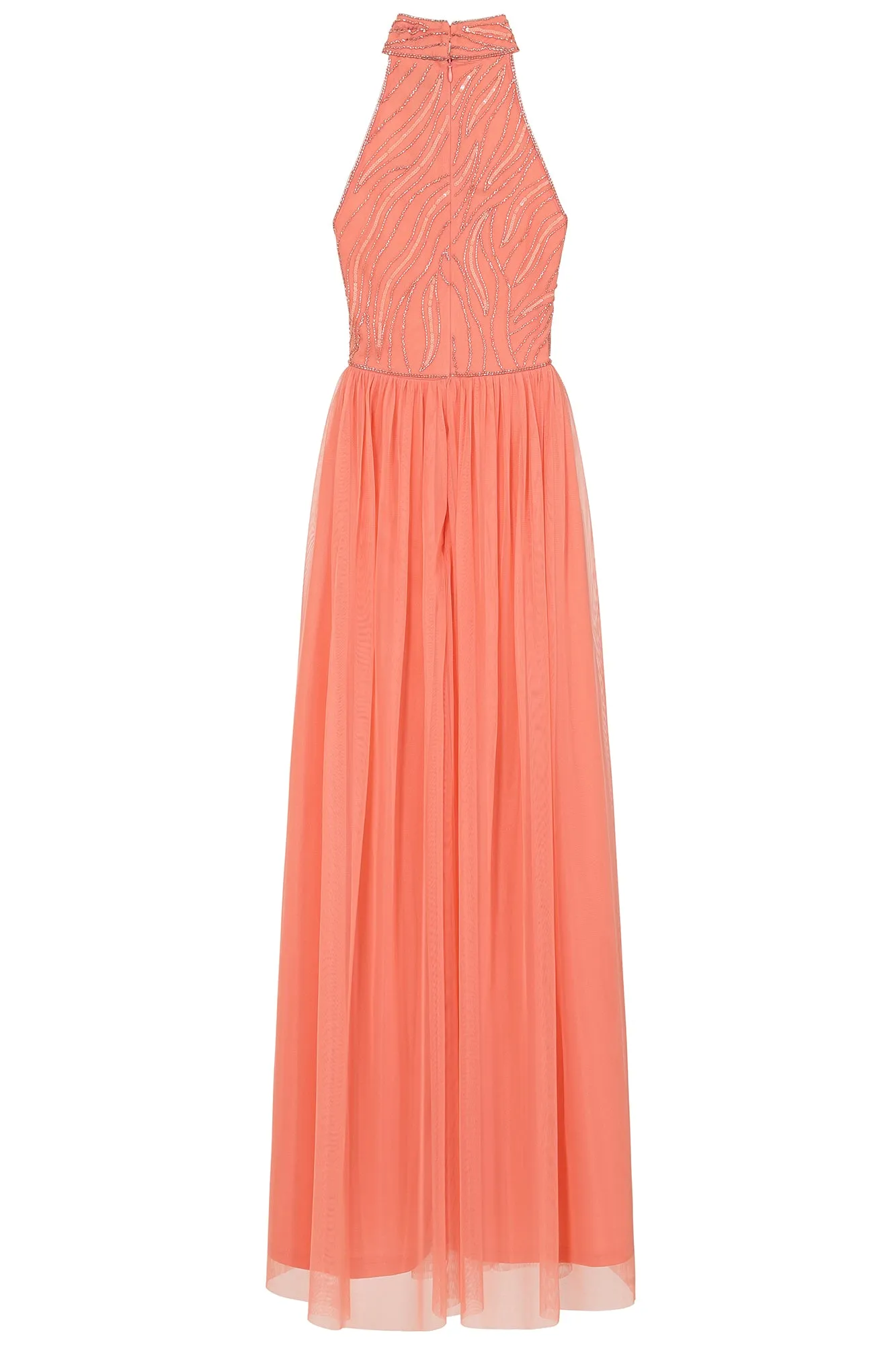 Caroline Coral Embellished Halter Neck Maxi Dress