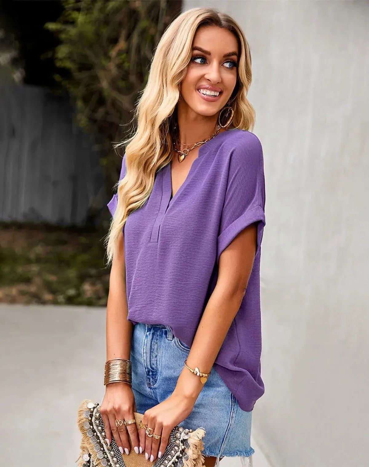Casual V-Neck Short Sleeves Top