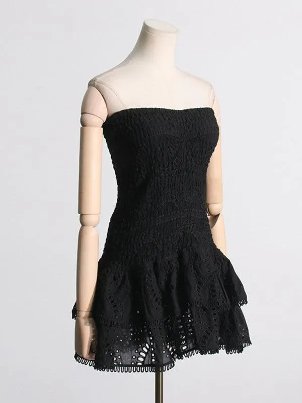 Charming Ruffled Hollow Embroidered A-Line Dress