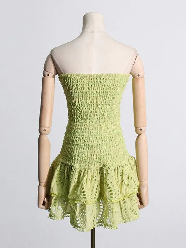 Charming Ruffled Hollow Embroidered A-Line Dress