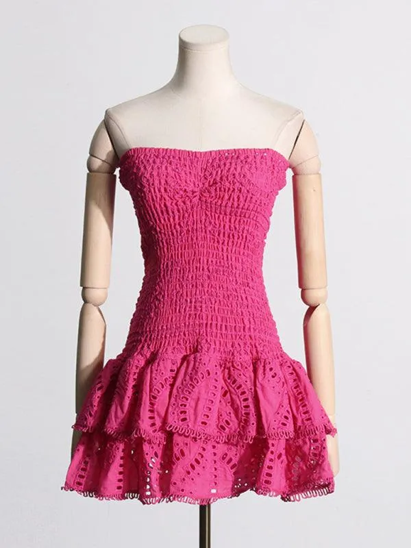Charming Ruffled Hollow Embroidered A-Line Dress