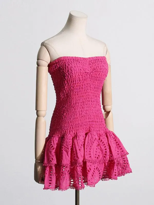 Charming Ruffled Hollow Embroidered A-Line Dress