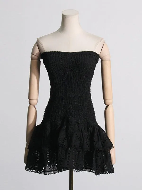 Charming Ruffled Hollow Embroidered A-Line Dress