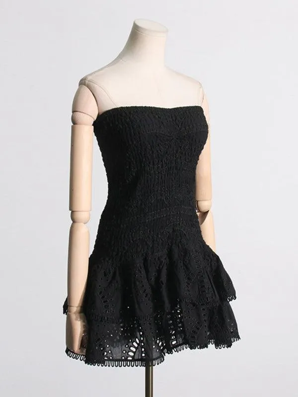 Charming Ruffled Hollow Embroidered A-Line Dress