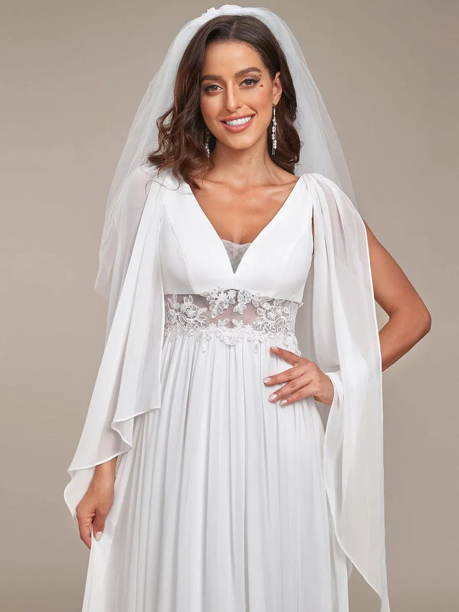 Deep V Neck Applique Long Split  Wedding Dress