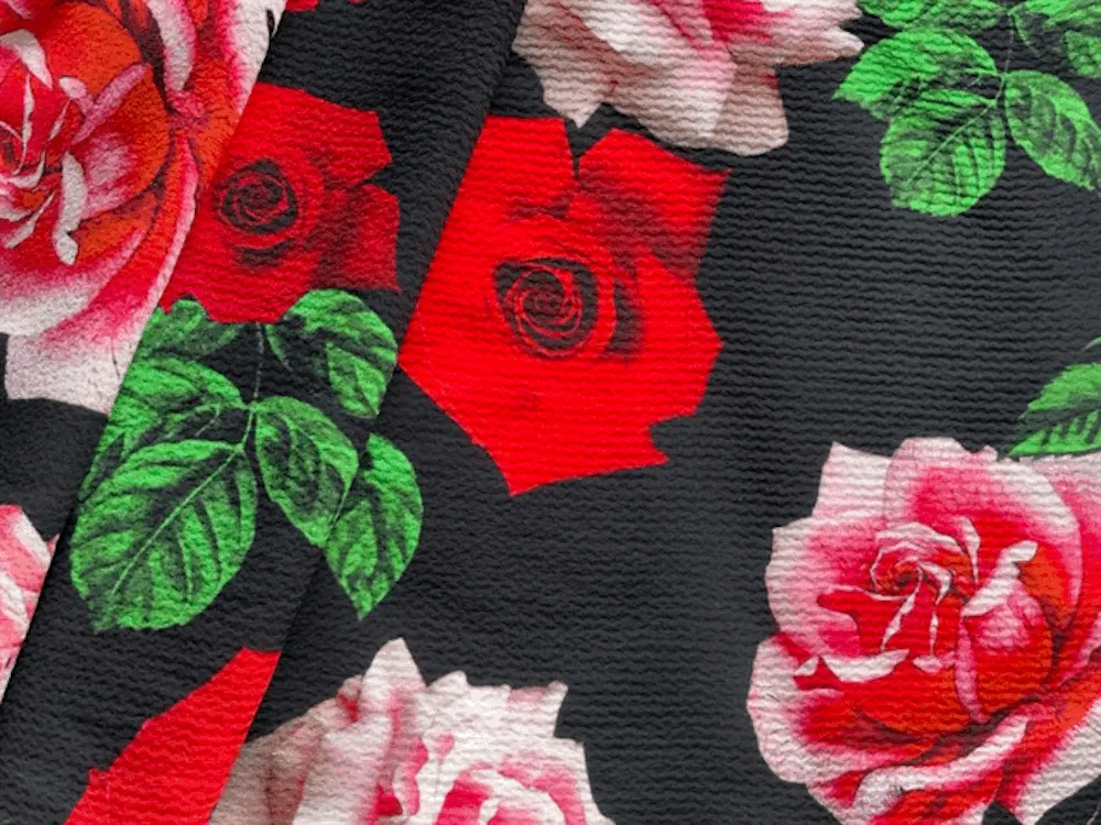 Dramatic Carmine & Pink Roses Crinkled Silk Crepe De Chine (Made in Italy)