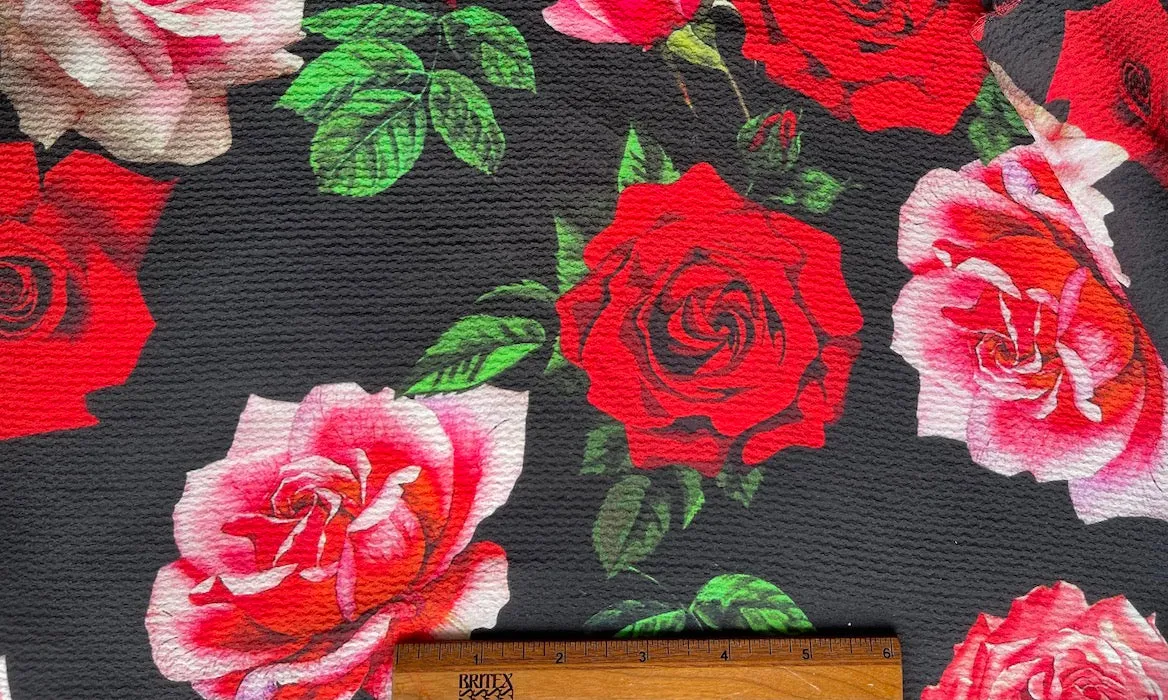 Dramatic Carmine & Pink Roses Crinkled Silk Crepe De Chine (Made in Italy)