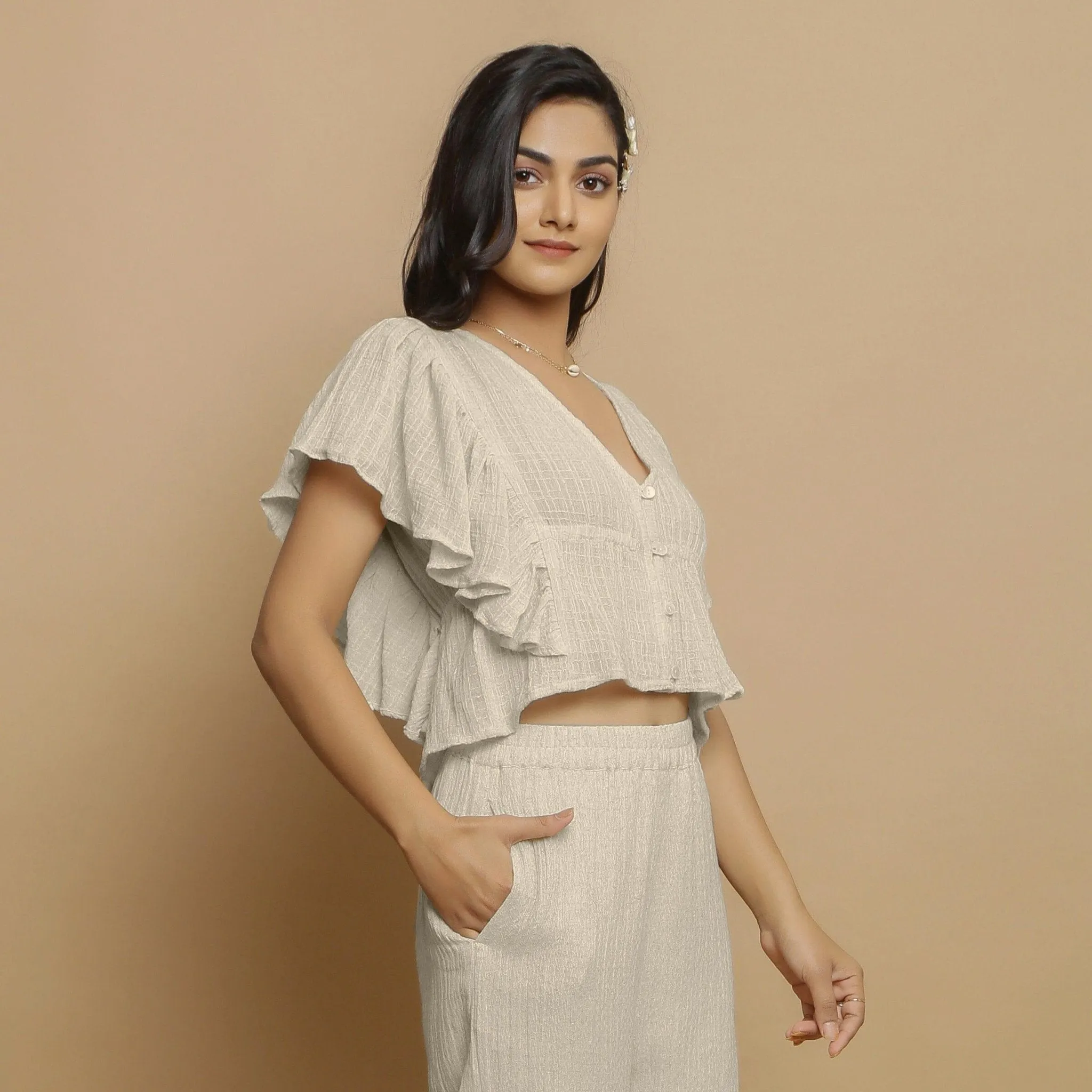 Ecru Undyed Crinkled Cotton Flax Butterfly Sleeves Crop Top
