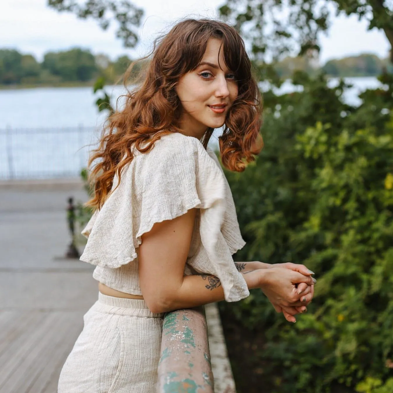 Ecru Undyed Crinkled Cotton Flax Butterfly Sleeves Crop Top