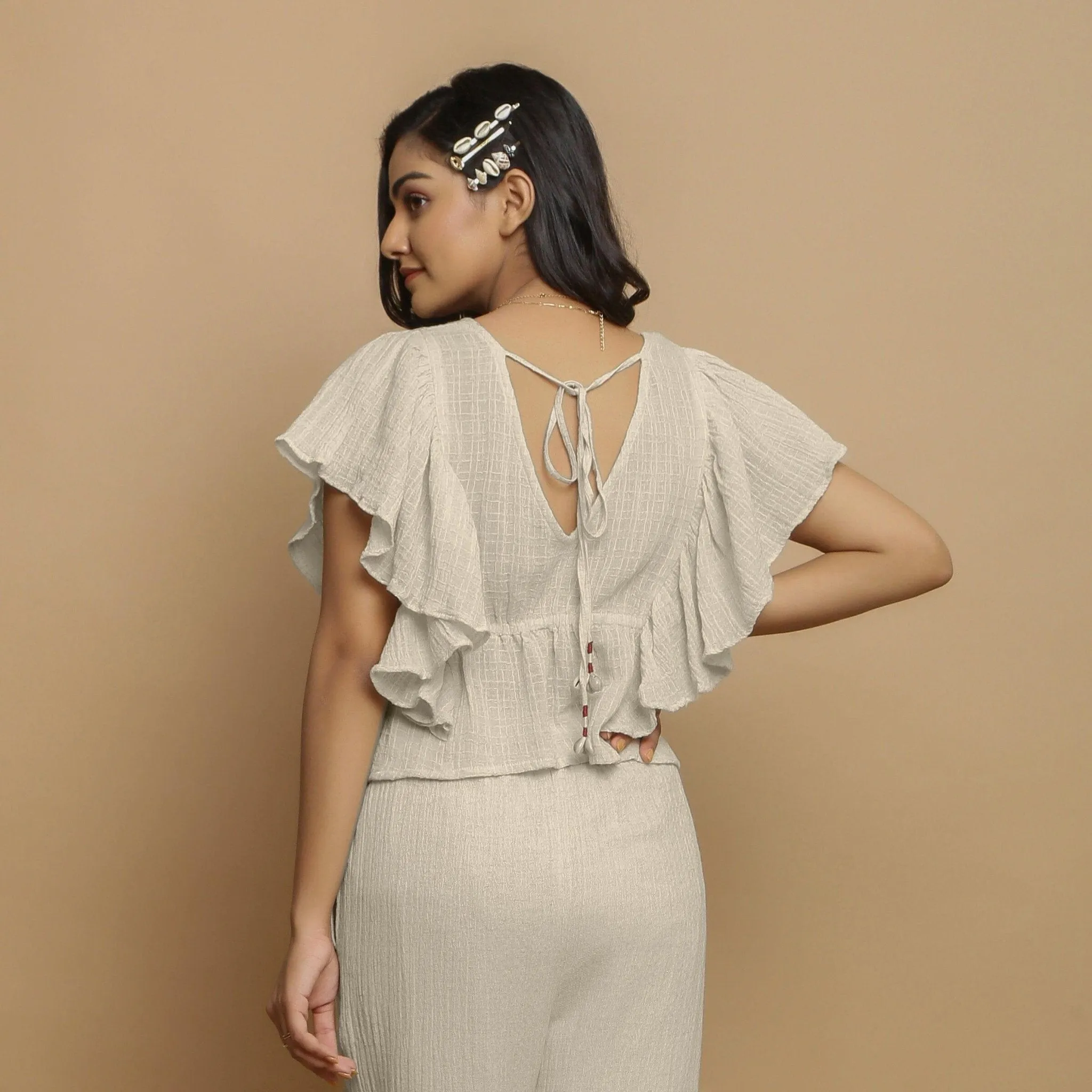 Ecru Undyed Crinkled Cotton Flax Butterfly Sleeves Crop Top