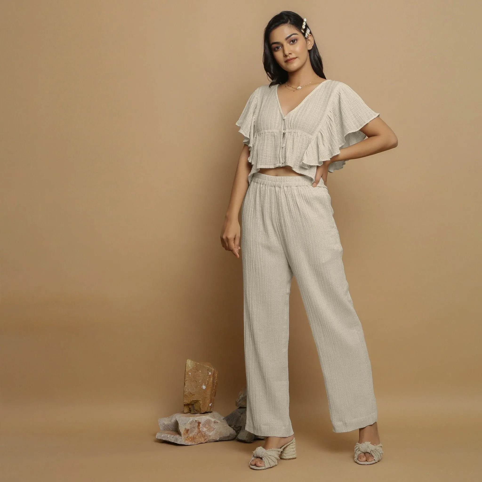 Ecru Undyed Crinkled Cotton Flax Butterfly Sleeves Crop Top