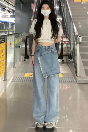 Flytonn-cute winter outfits casual winter outfits christmas outfit party look inspos High Waist Design Irregular Tassel Jeans Pants