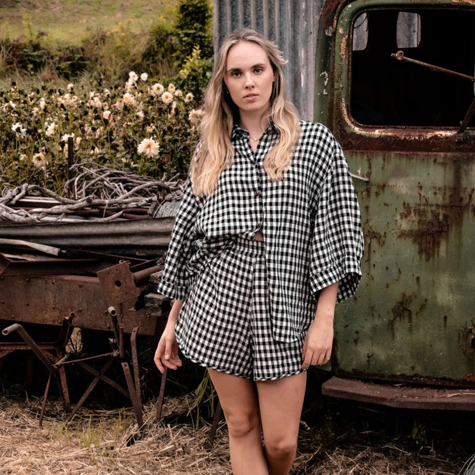 French Flax Linen Relaxed Short in Charcoal Gingham