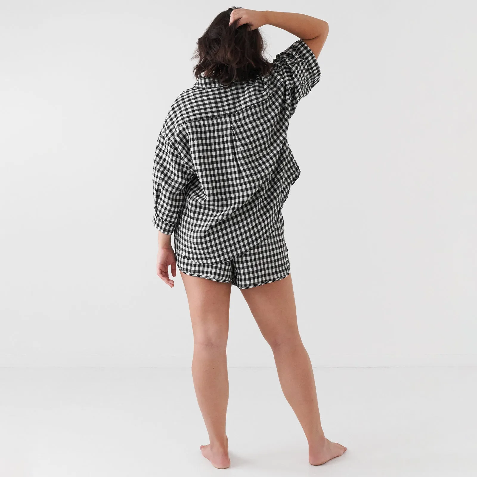 French Flax Linen Relaxed Short in Charcoal Gingham