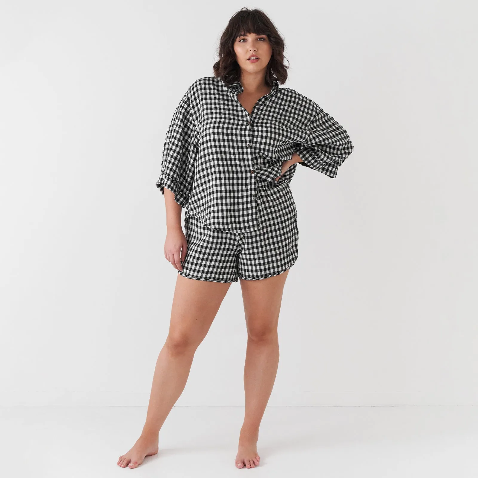 French Flax Linen Relaxed Short in Charcoal Gingham