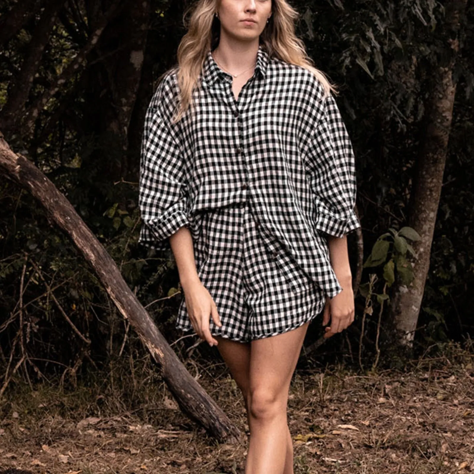 French Flax Linen Relaxed Short in Charcoal Gingham