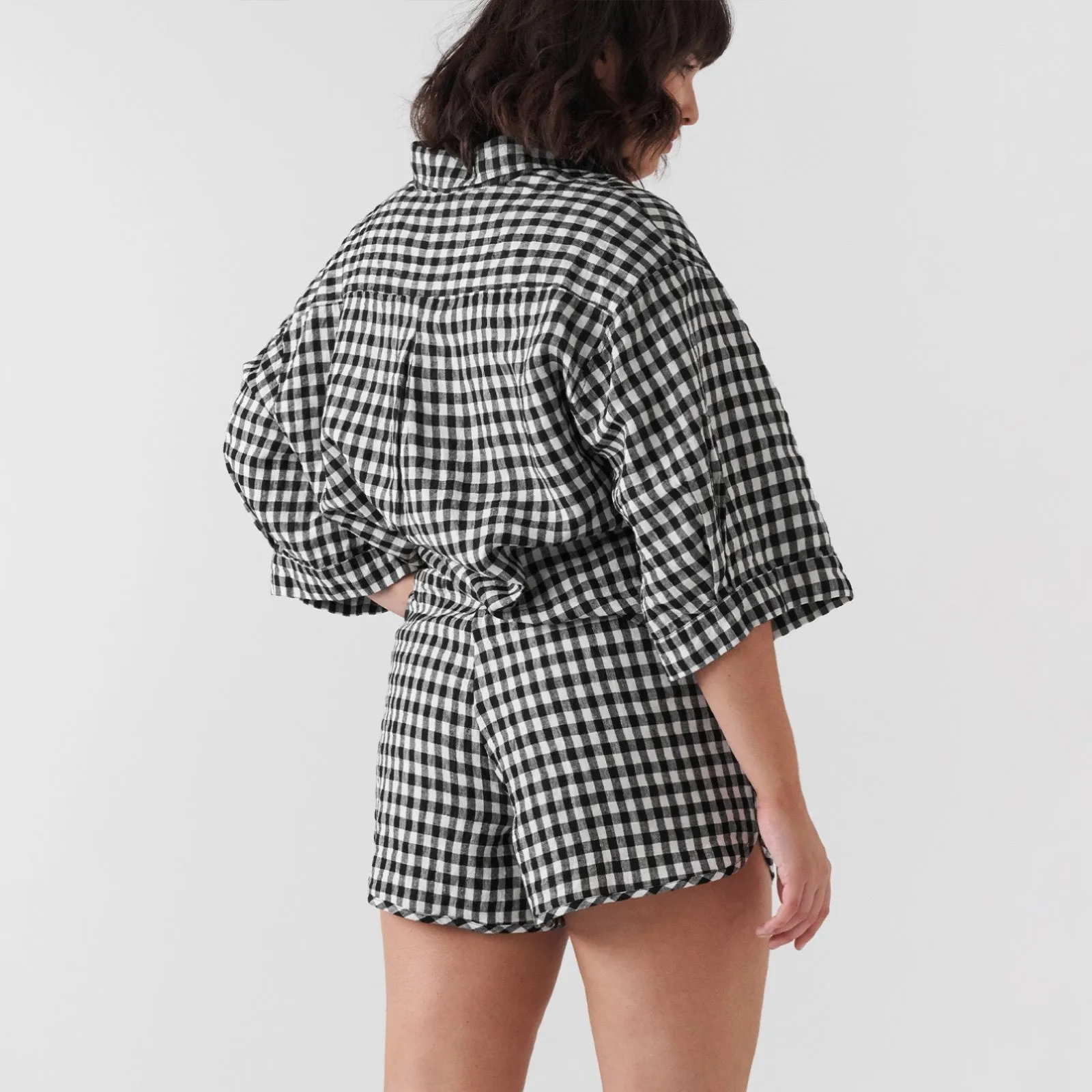 French Flax Linen Relaxed Short in Charcoal Gingham