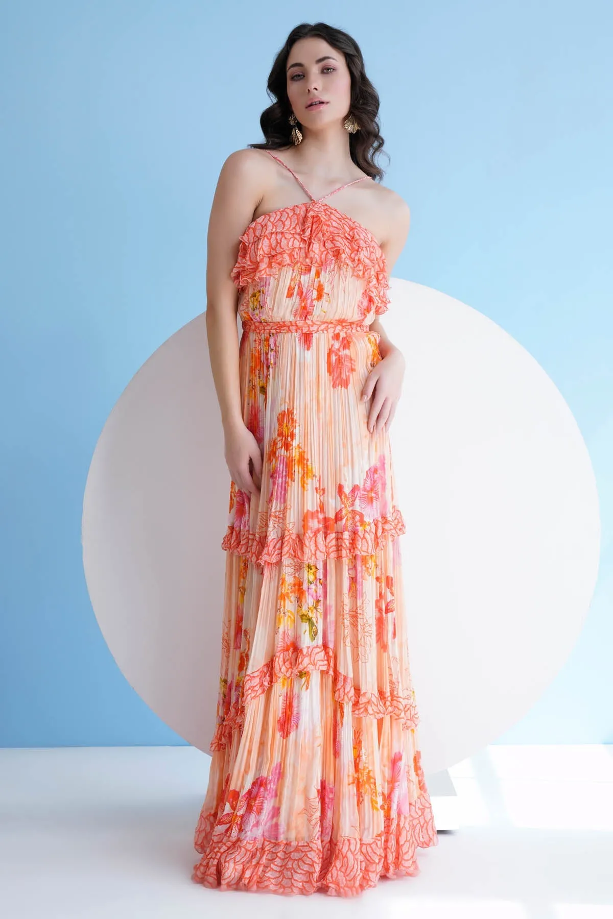 Halter Pleated Frill Long Dress