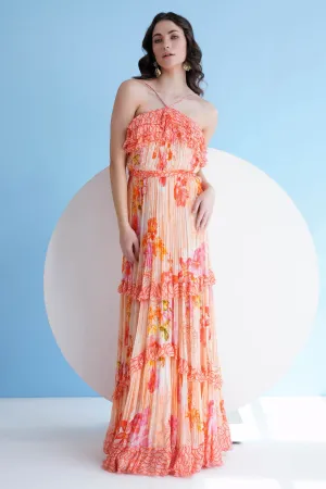 Halter Pleated Frill Long Dress