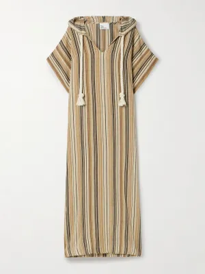 Hooded striped linen-blend kaftan