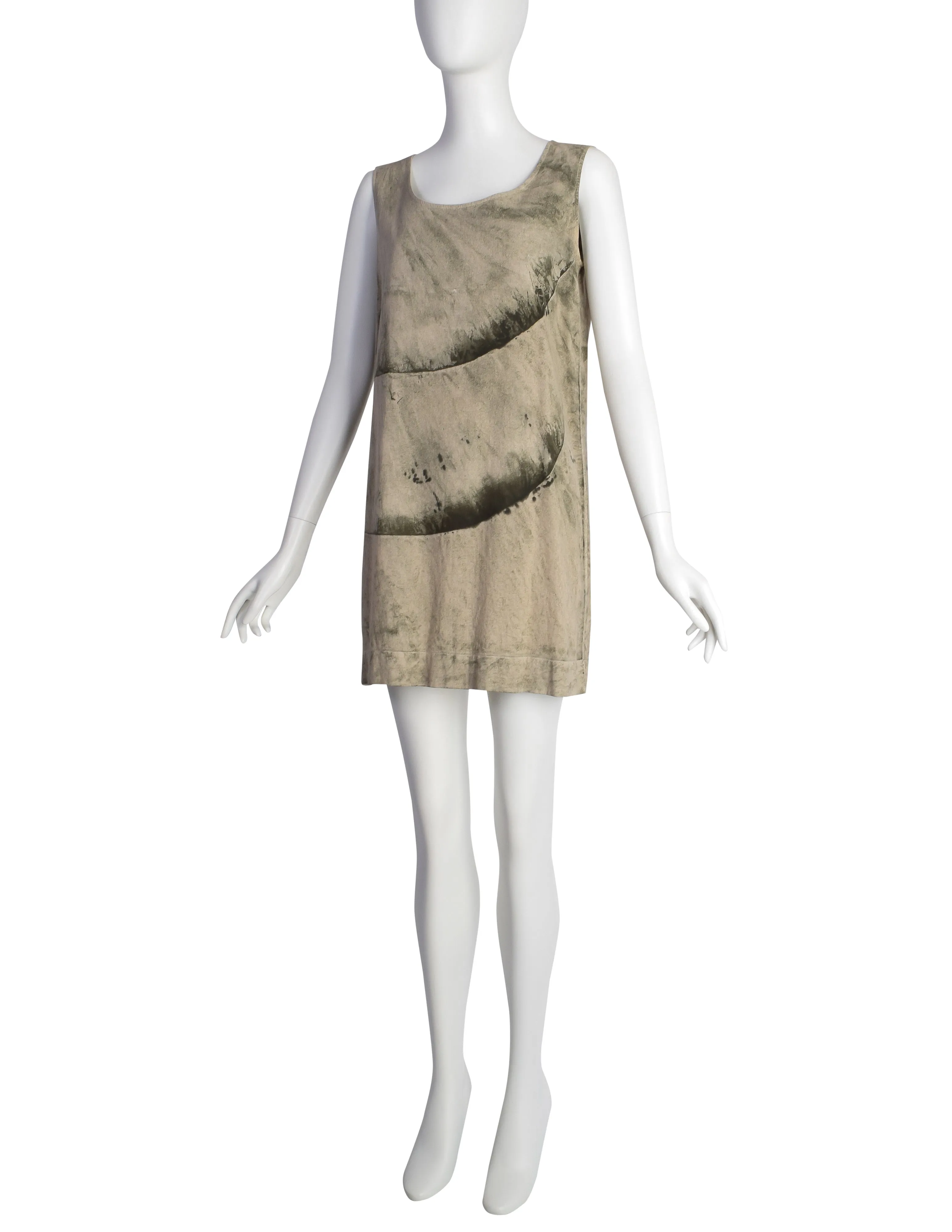 Issey Miyake Vintage SS 1993 Beige Black Trompe L'oeil Tunic Tank Mini Dress