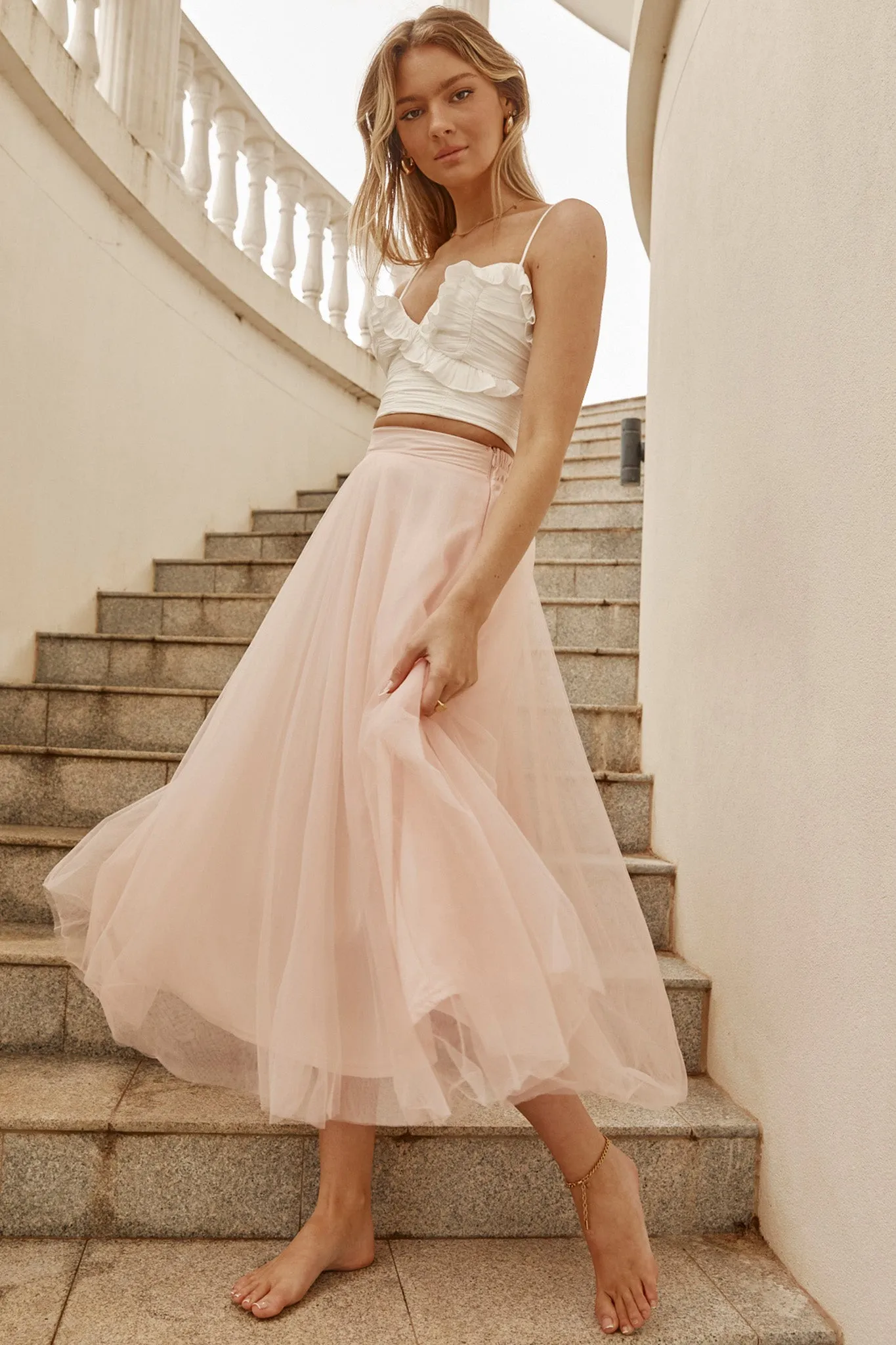 Jasmine Organza Mesh Elasticated Waist Midi Skirt Baby Pink