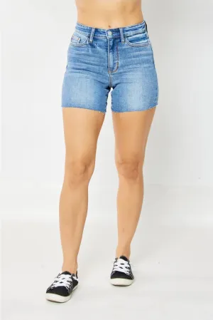 JUDY BLUE HIGH WAIST CUT OFF SHORTS- MEDIUM WASH
