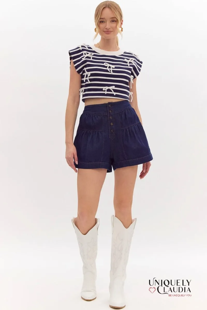 Kelsie Flared High-Waisted Dark Denim Shorts