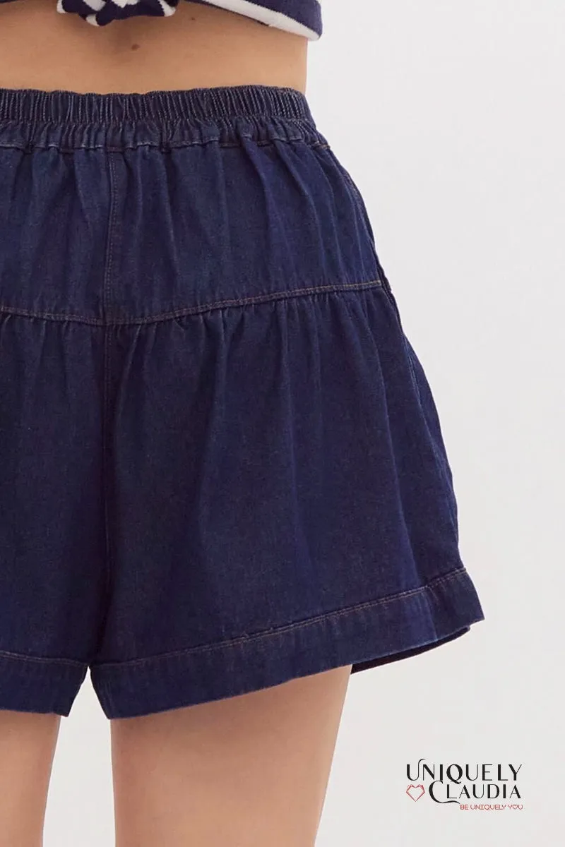 Kelsie Flared High-Waisted Dark Denim Shorts