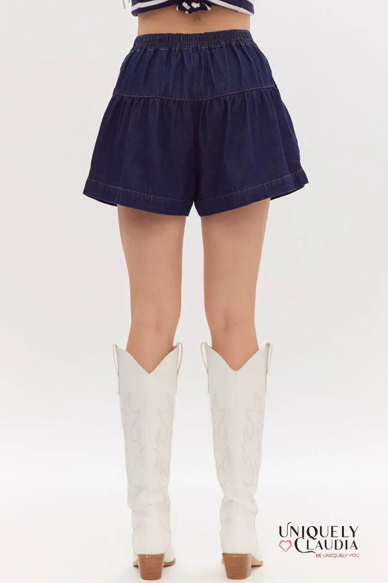 Kelsie Flared High-Waisted Dark Denim Shorts