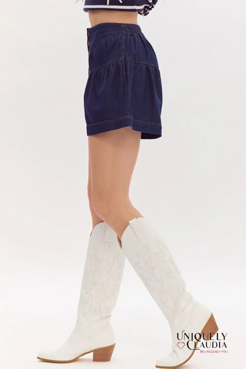 Kelsie Flared High-Waisted Dark Denim Shorts