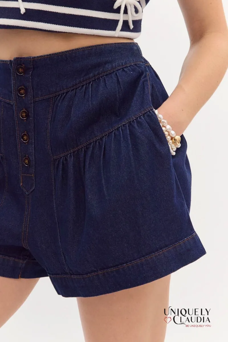 Kelsie Flared High-Waisted Dark Denim Shorts
