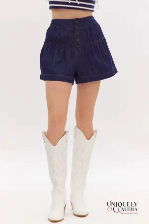 Kelsie Flared High-Waisted Dark Denim Shorts