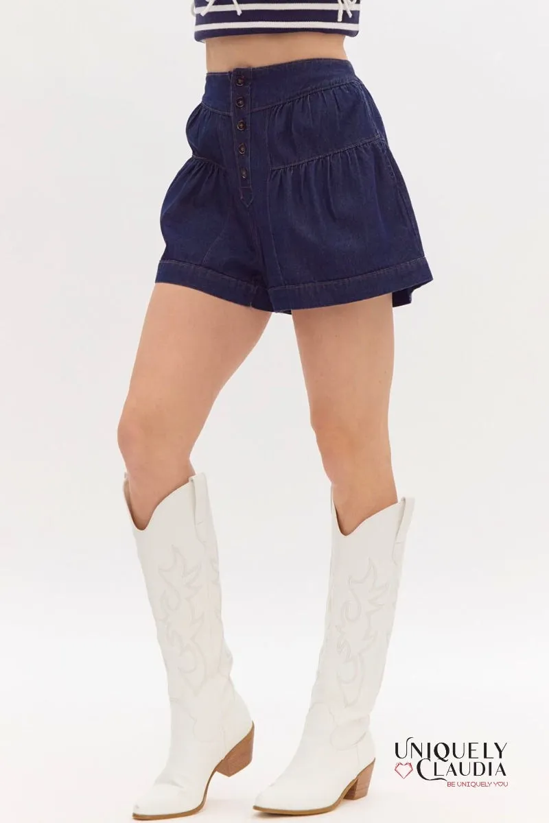 Kelsie Flared High-Waisted Dark Denim Shorts