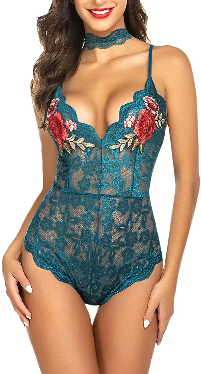 Lingerie Embroidered Lace with Choker One Piece