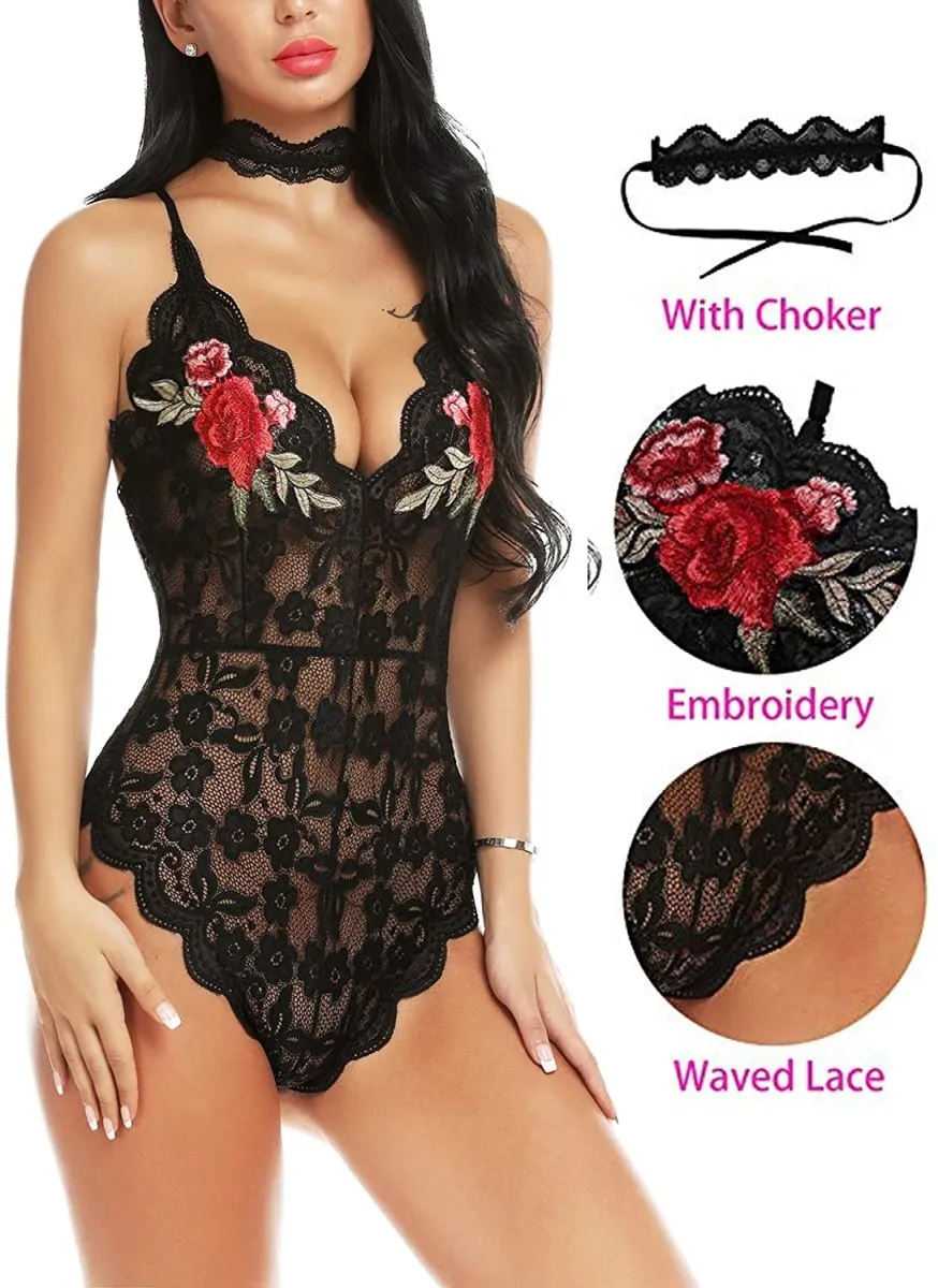 Lingerie Embroidered Lace with Choker One Piece