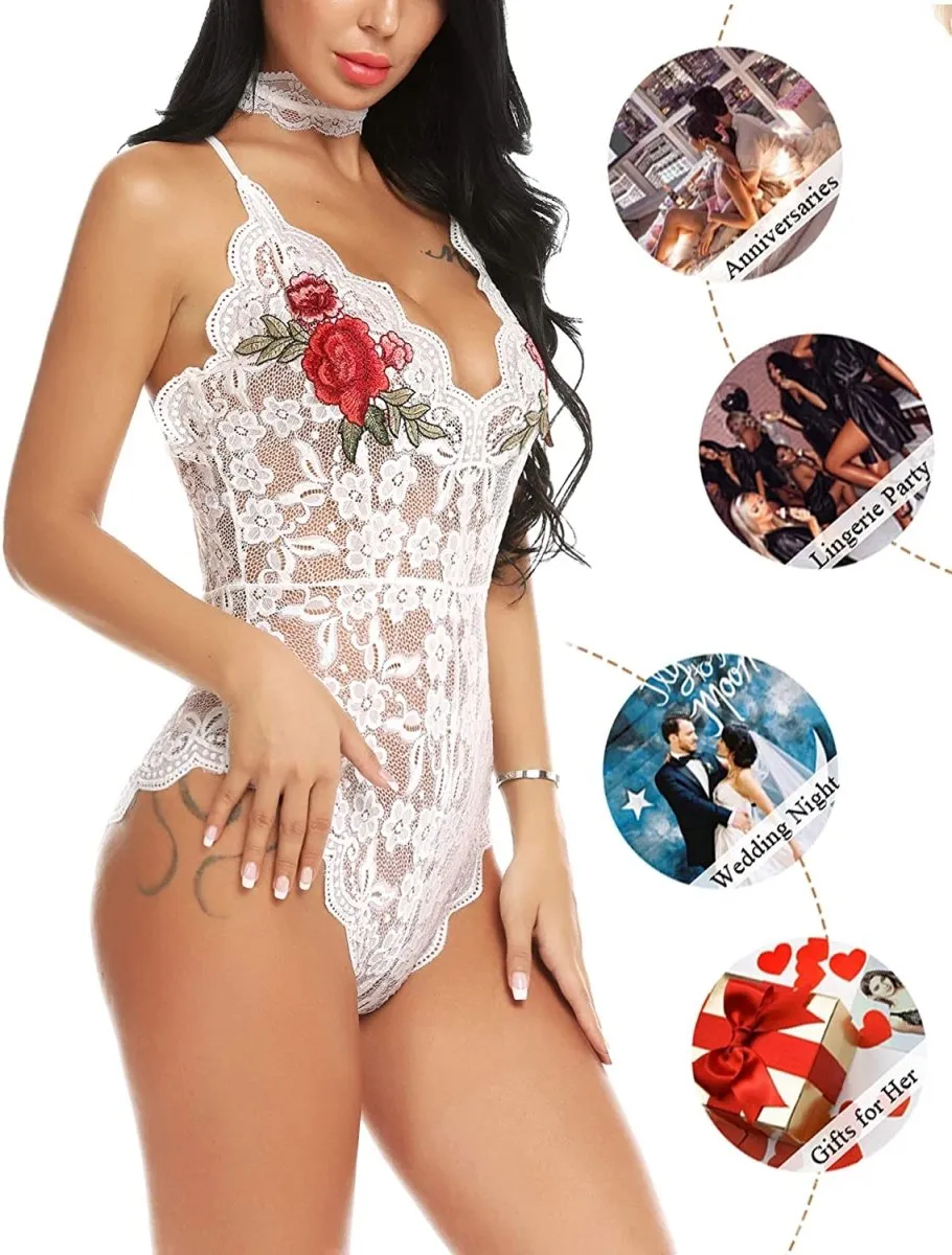 Lingerie Embroidered Lace with Choker One Piece