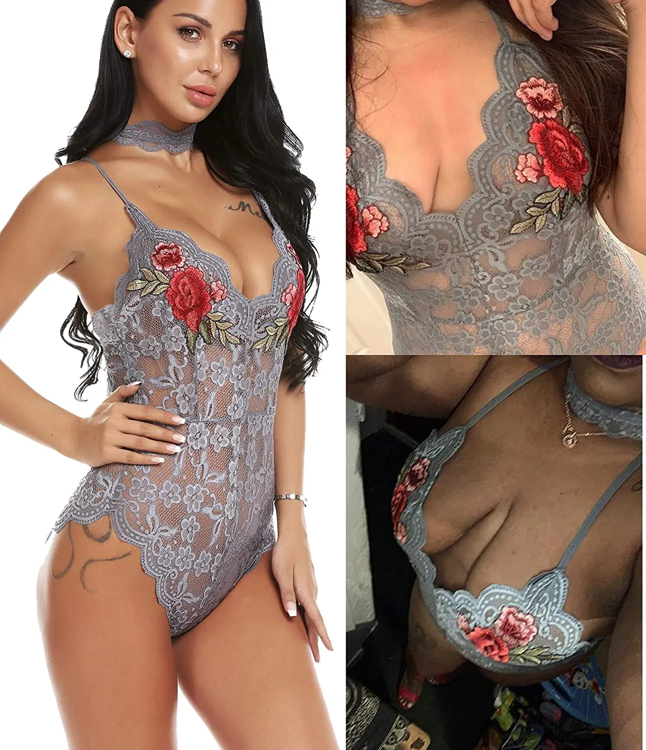 Lingerie Embroidered Lace with Choker One Piece