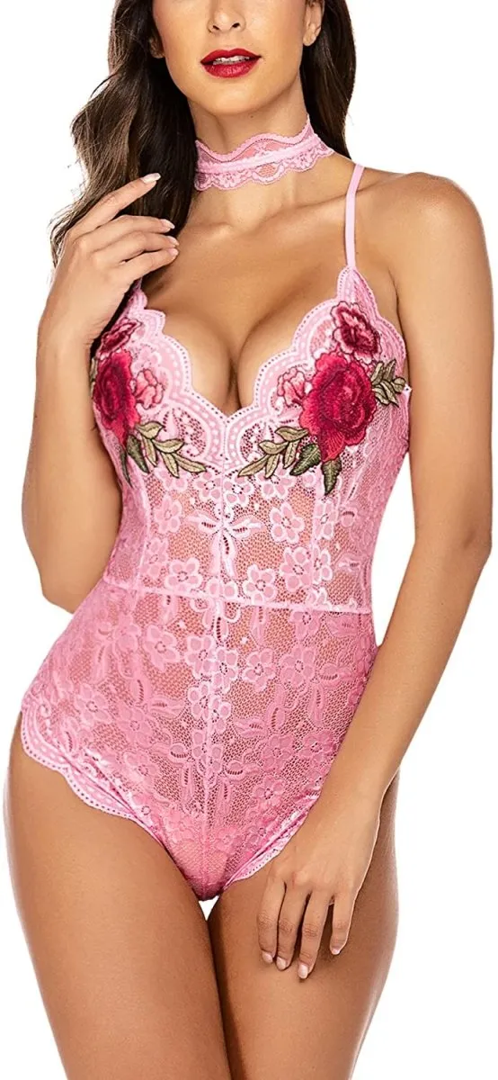 Lingerie Embroidered Lace with Choker One Piece