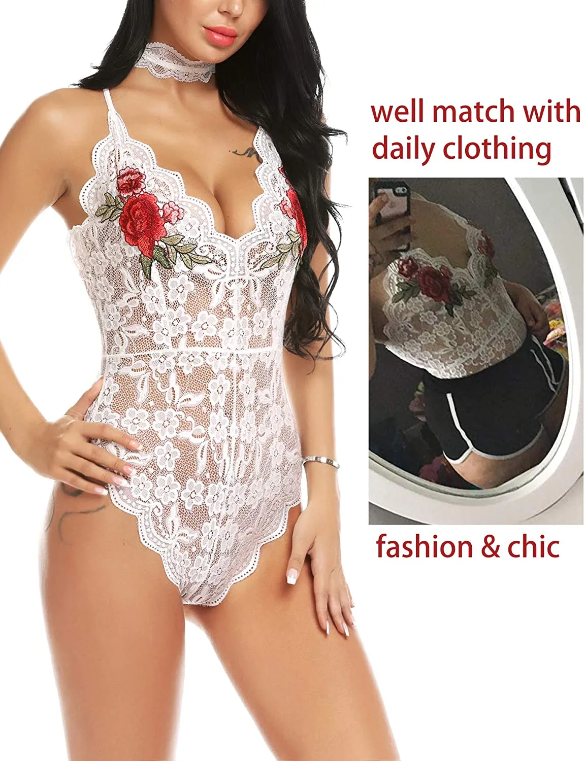 Lingerie Embroidered Lace with Choker One Piece